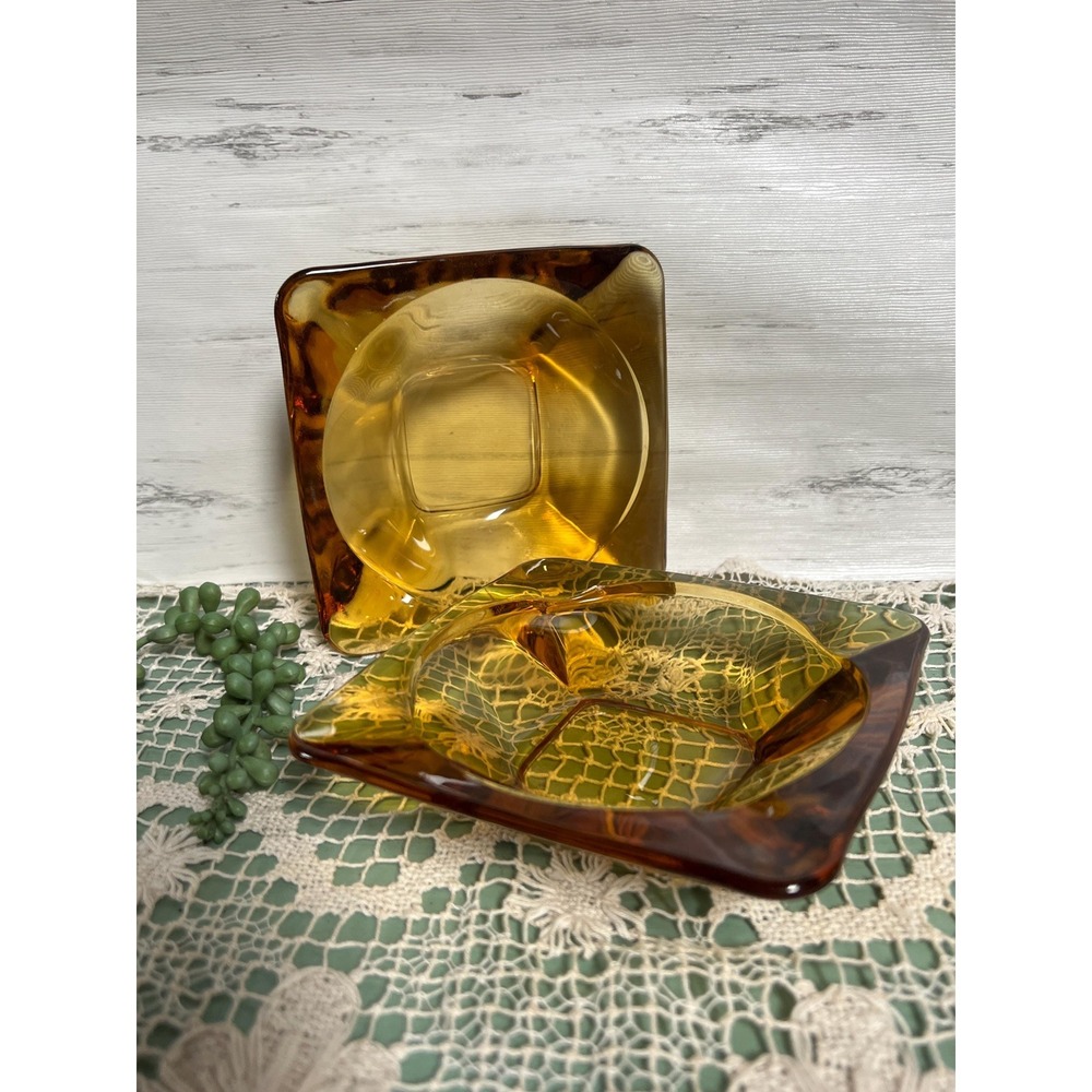 Set of 2 Vintage Amber Ash Tray Square  4 5/8"